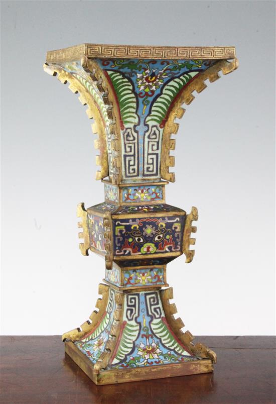 A Chinese gilt bronze and cloisonne enamel beaker vase, gu, Qianlong mark, first half 20th century, 33.5cm